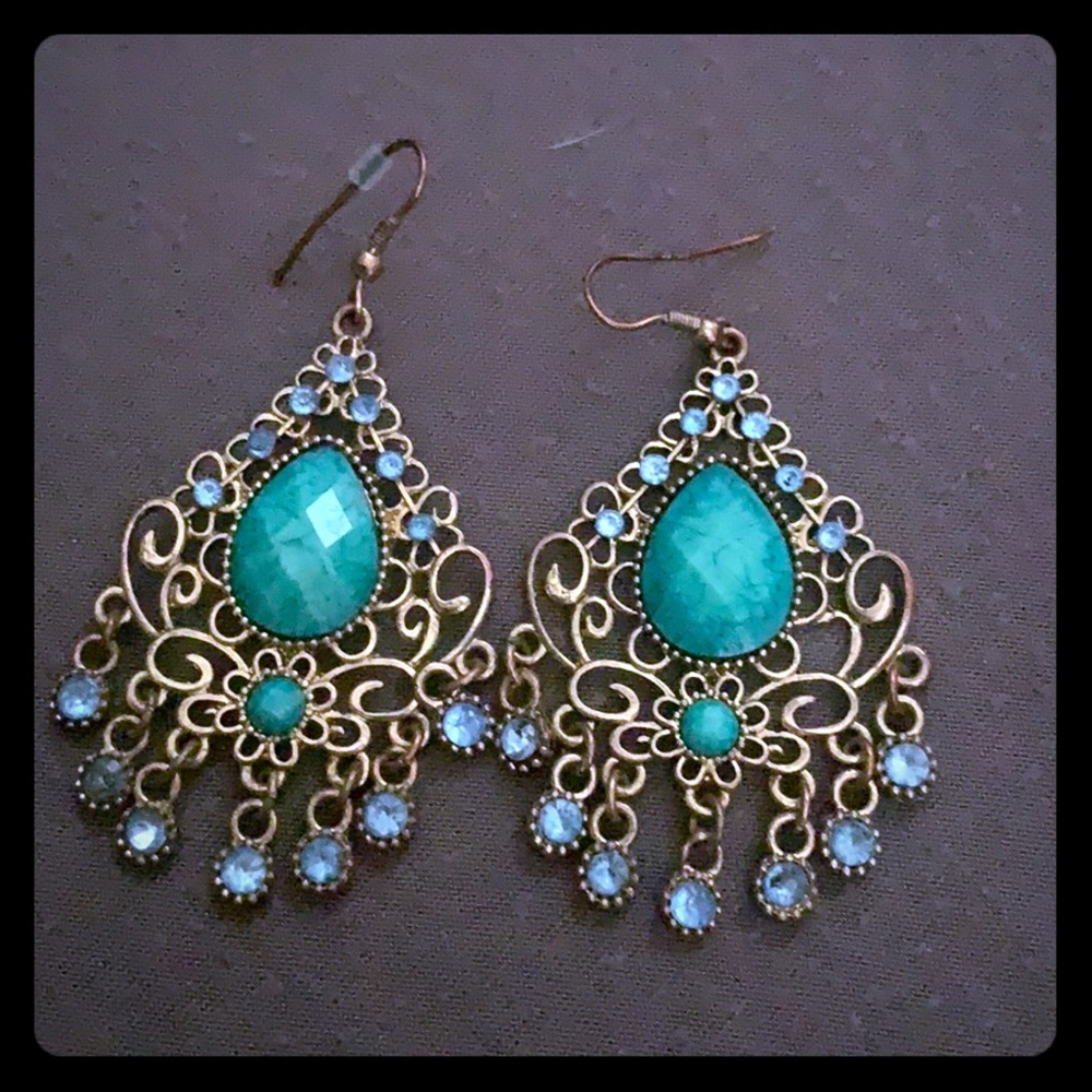 Boho blue gold dangly earrings